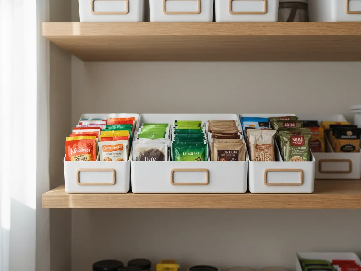 Organized matte white caddy holding spice packets, tea bags, and snack bars on a bright wooden pantry shelf.