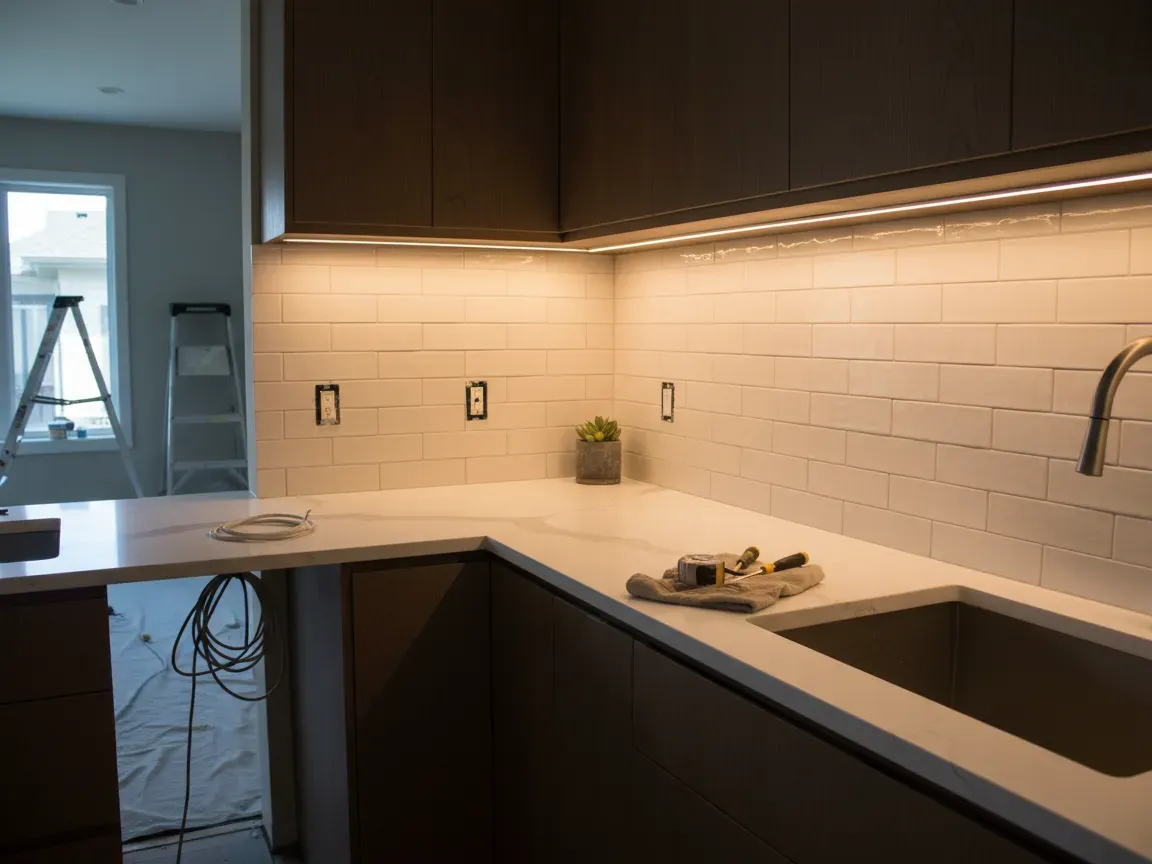 Modern kitchen corner with under-cabinet warm LED lighting, quartz countertops, and textured subway tile backsplash.